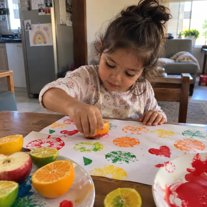 Niña estampando con frutas sobre papel