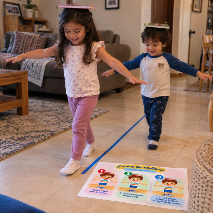 Niños caminando en línea recta con un libro sobre la cabeza