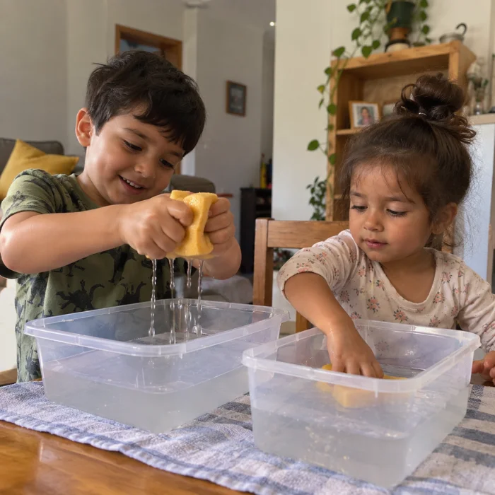 Dos hermanos exprimiendo esponjas con agua en la mesa