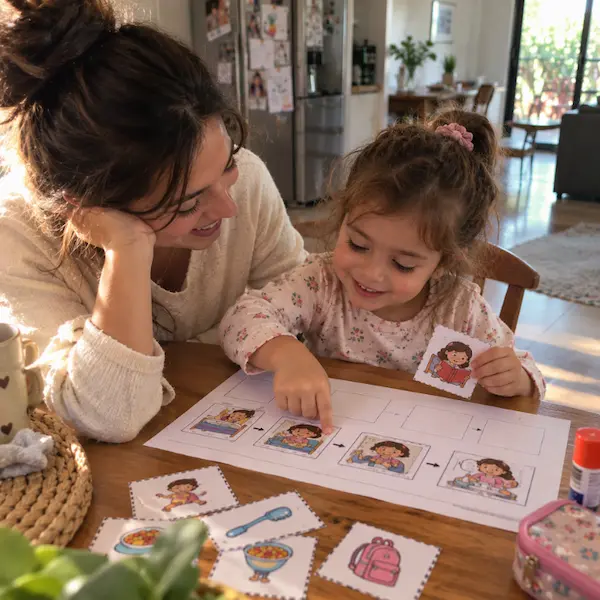 Mamá y su hija ordenan juntas las tarjetas de la rutina diaria