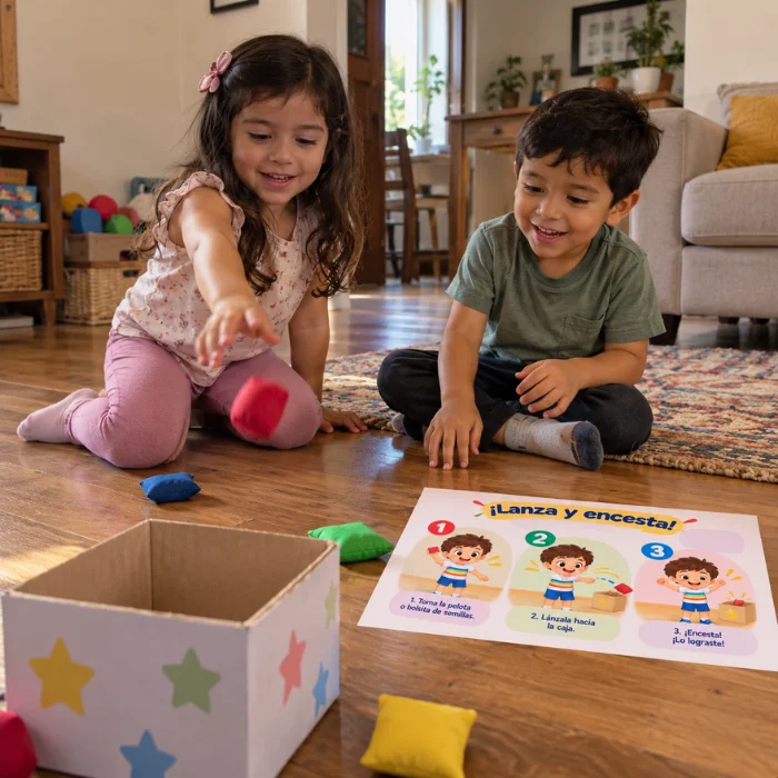Niños lanzando bolsitas a una caja decorada con estrellas