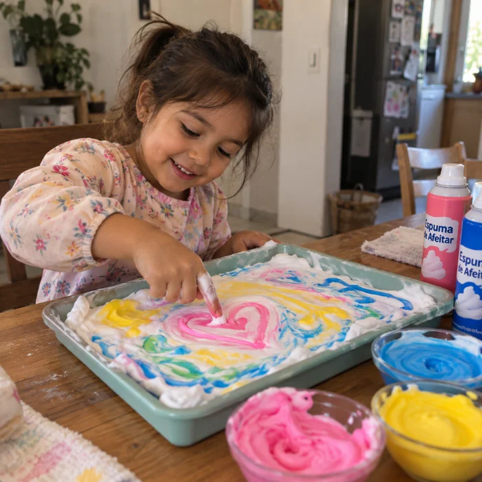 Niña dibujando un corazón en espuma de colores