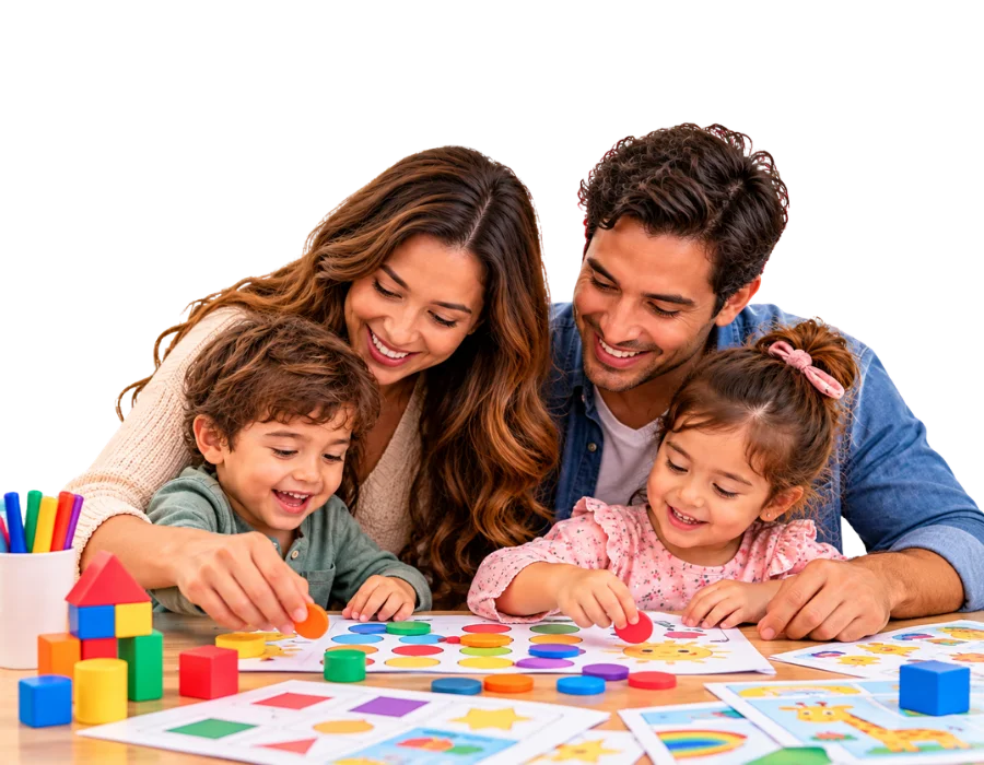 Mamá, papá y sus dos hijos jugando juntos con material imprimible en la mesa