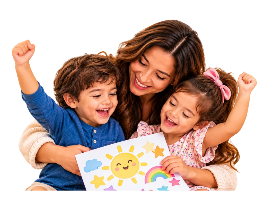 Mamá celebrando con sus dos hijos un dibujo hecho juntos