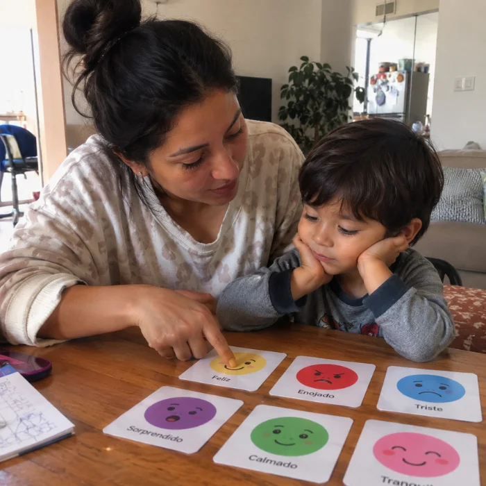 Mamá y su hijo reconocen emociones con tarjetas de caritas